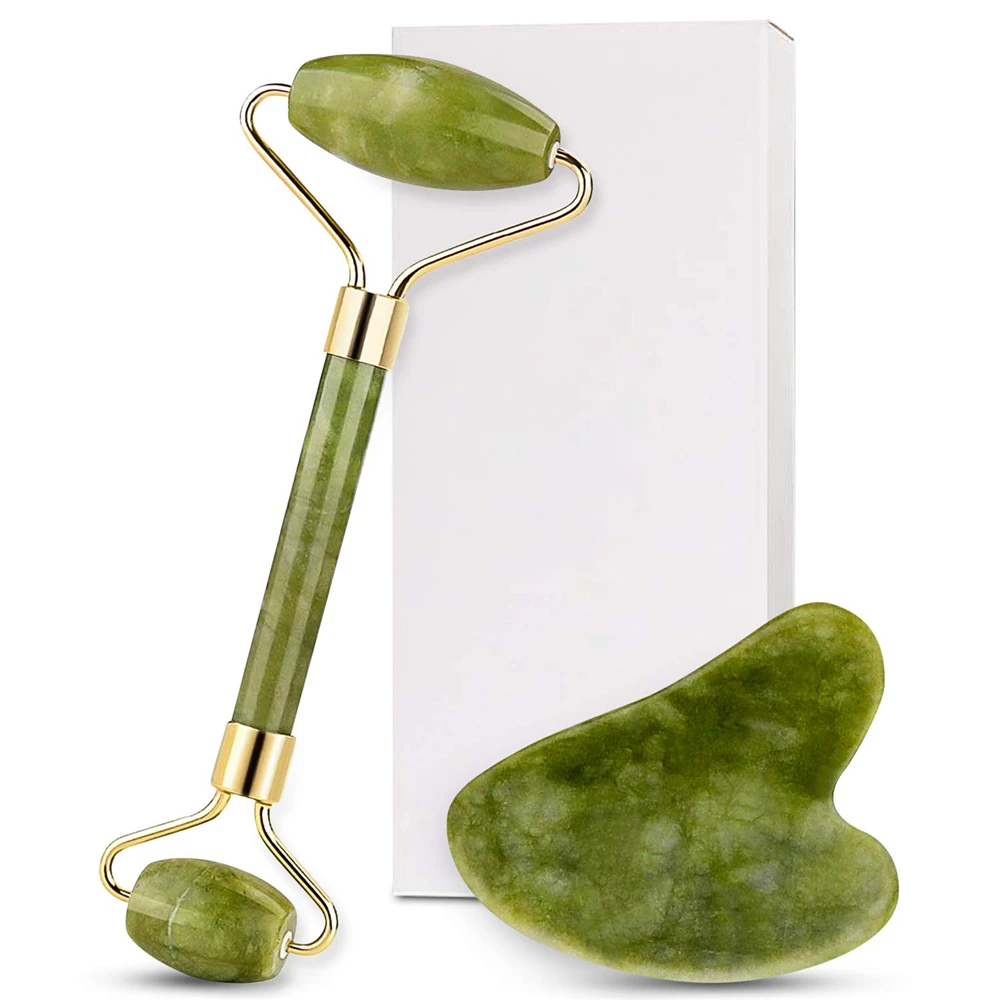 

green natural jade roller and guasha kit facial roller massager set for face neck back gua sha set in box JDK001