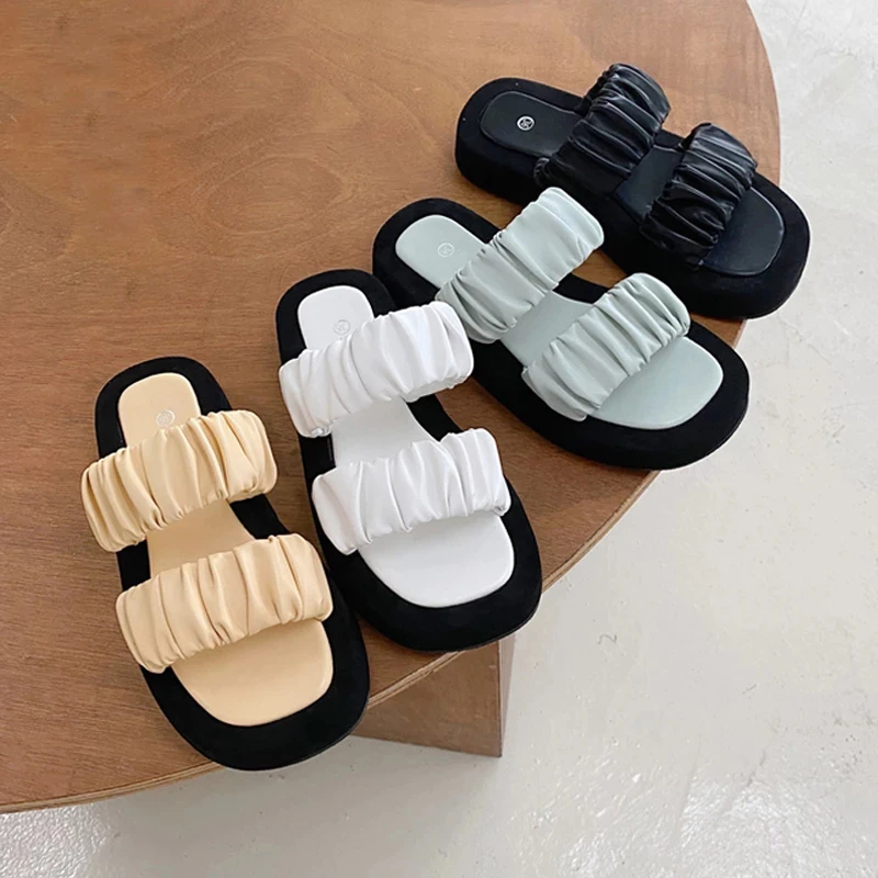 

2022 Summer Women Slipper Ladies Outdoor Elegant Folds Slides Sandals Wedge High Heels Slip On High Quality Slipper