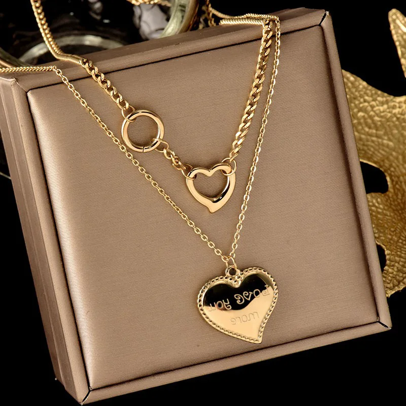 

Wholesale Tarnish Free Double Layer Stainless Steel 18K Gold Plating Necklace Love You More Heart Pendant Necklace For Women