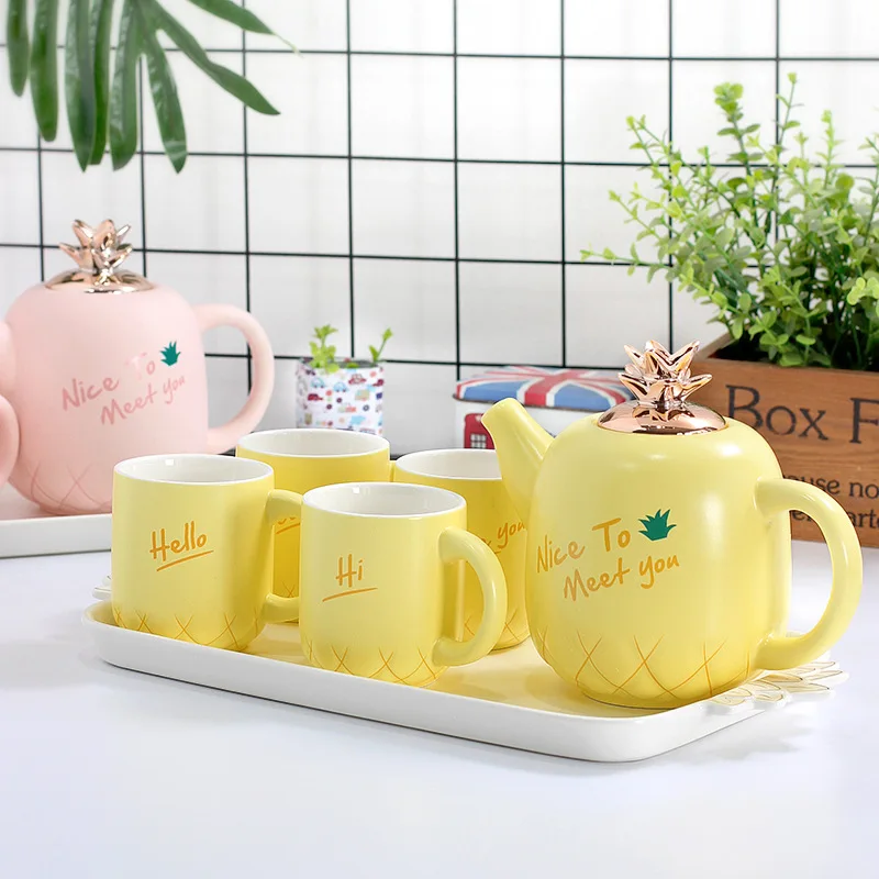 

Porcelain Tea Cup Set Teapot Sets Pineapple Design Afternoon Tea Time Ceramic Creative with Glazed Set of 6 Stocked, White, pink,yellow