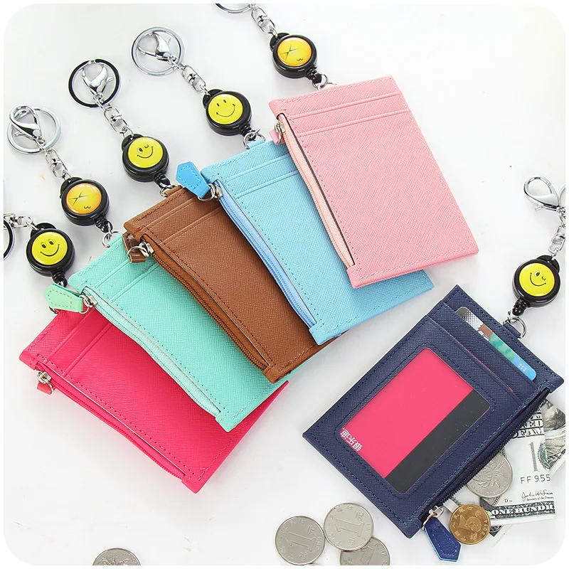 

Small Women Wallets Leather Card Case Holder ID Badge Holder Retractable Reel Clip 5 Card Holder Case with Keychain, Pink, blue, navy blue, brown, dark pink, green