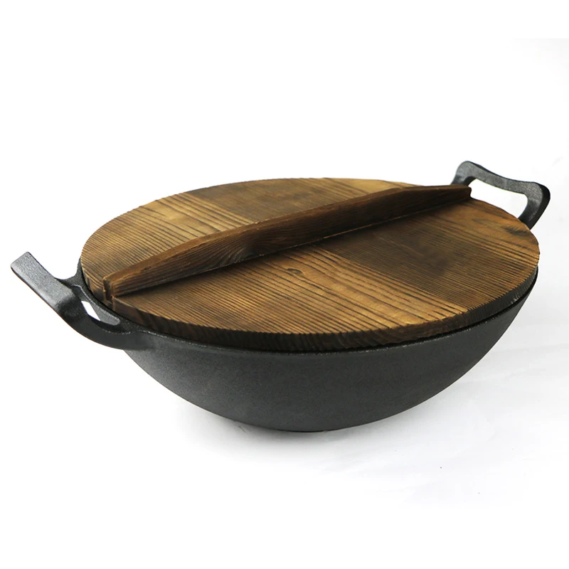 

Chinese 14inch black pre-seasoned cast iron large wok with big handle, Customized color