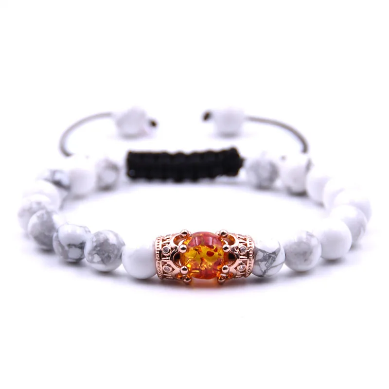 

Fashion white howlite handmade woven adjustable  tiger eye Amber beaded bracelet with double crown for men women jewelry, Picture