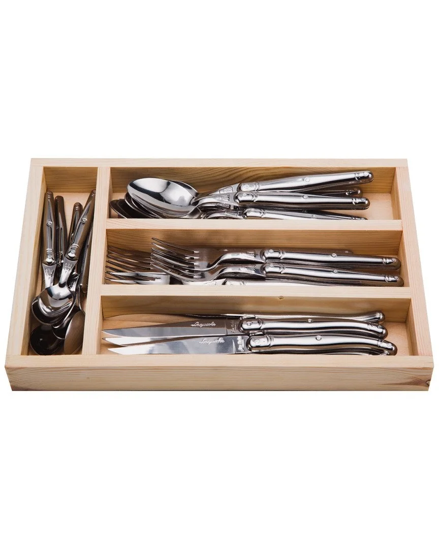 

French Jean Neron 24 Piece Laguiole Stainless Steel Cutlery Couvert Set Wood Handle Steak Knife Fork Spoon With Wooden Box, Red, black, blue, green