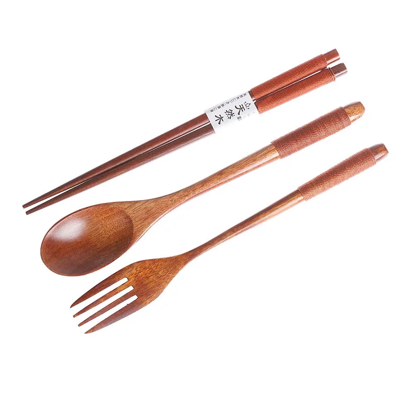 

Portable Tableware Wooden Cutlery Sets With Useful Spoon Fork Chopsticks Travel Gift Dinnerware Suit With Cloth Bag, As photo