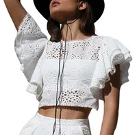 

OOTN Butterfly Sleeves Crop Top Ruffles Bohe Women White Shirt Hollow Out Short Sleeve O-Neck Blouses Ladies Casual Clothing