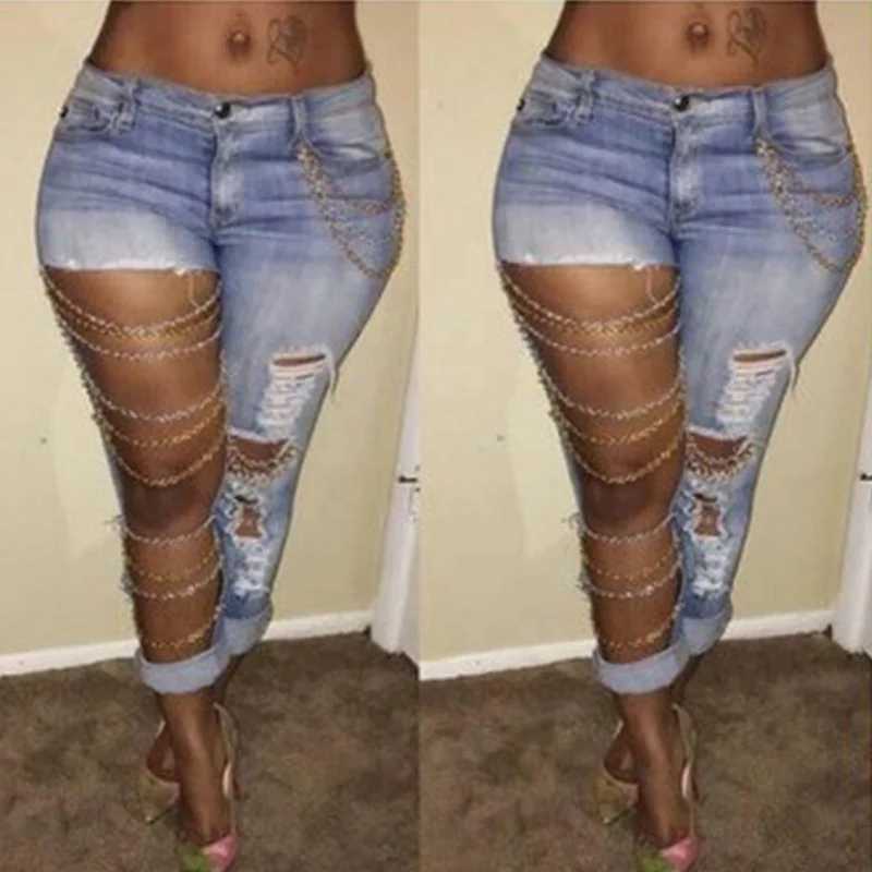 

Wholesale Custom High Waist Ripped Jeans Women Denim Jeans Pants Stretch Jeans With Gold Chain, Blue