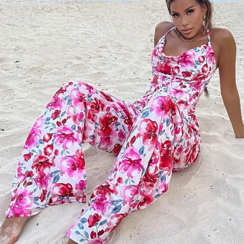 

YIWU QIUDUN Tropical Elegant Ladies Floral Print Halter Jumpsuit Wide Leg Casual Jumpsuits