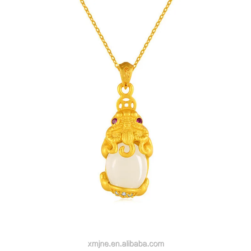 

Certified Ancient Silver Gold-Plated Jade Hetian Jade Necklace Female S925 Pixiu Pendant Hetian Jade Piqiu Temple Gift