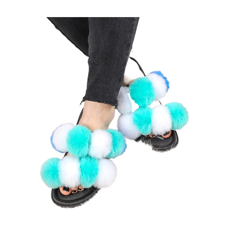 

2021 Factory wholesale pvc slides ladies faux fox fur slippers, Red ,black ,green ,orange ,brown and so on