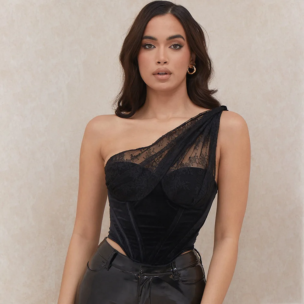 

Black Blouses Ladies Tops One Shoulder Velvet Fishbone Navel Ins Sexy Lace Corset Top