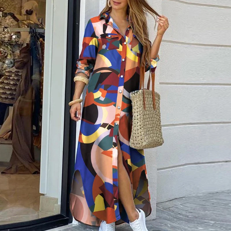 

Elegant Women Button Down Long Shirt Dress Summer Letters Print Lapel Neck Party Dress Lady Long Sleeve Maxi Beach Dress