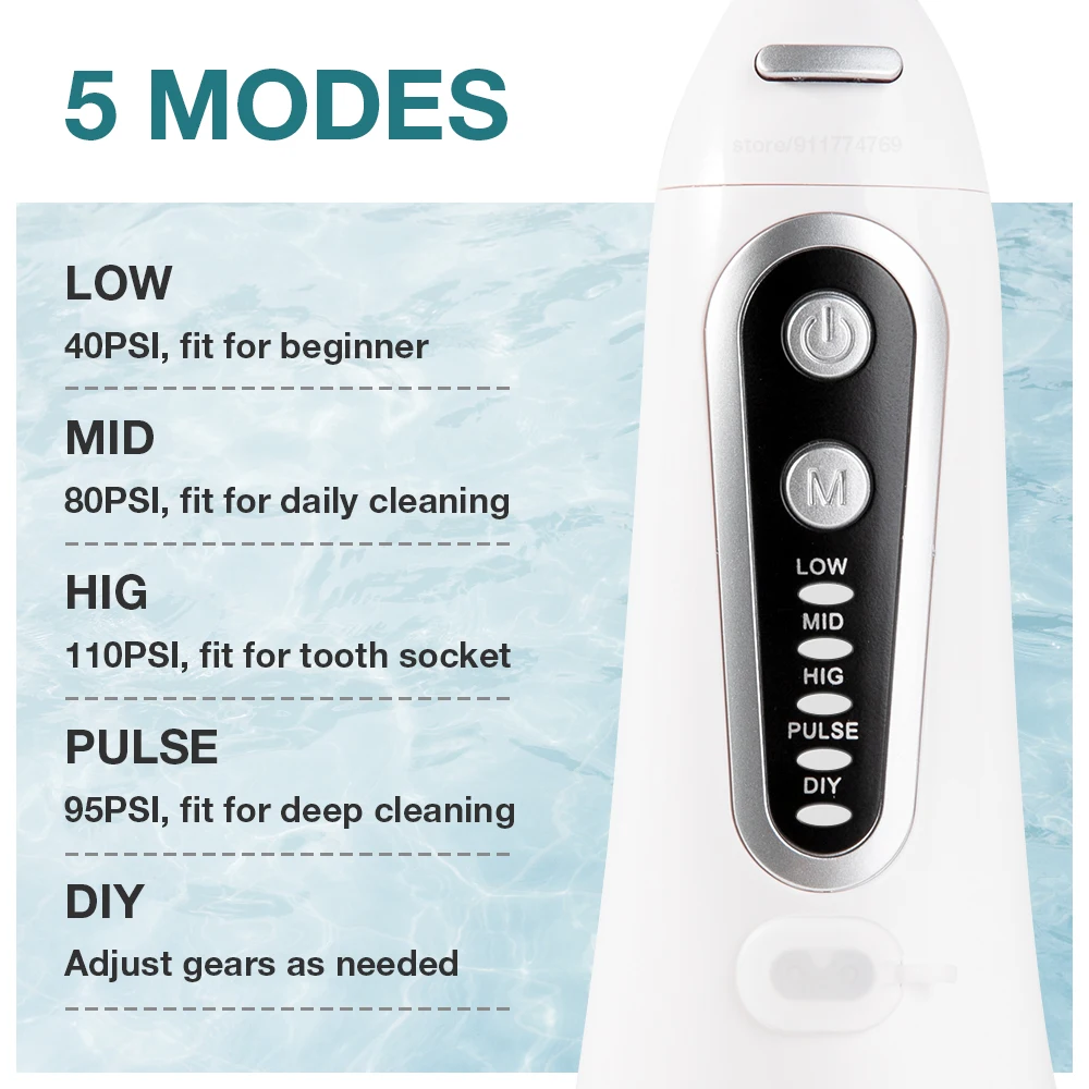 

5 Modes Portable Oral Irrigator 300ml Water Tank Dental Water Flosser Waterproof USB Irrigator Dental Teeth Cleaner 6 Nozzles