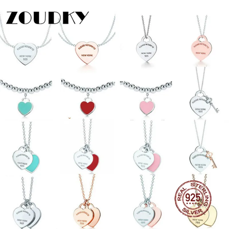 

2021 NEW 100% 925 Sterling Silver TIF Necklace Pendant Heart Bead Chain Rose Gold and Gold luxurious For Women Original Fashion
