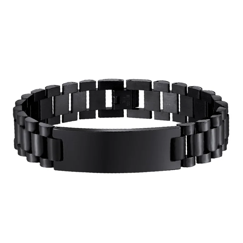 

Black 23cm Legth 15mm Width 316L Titanium Stainless Steel Custom IP Engraved Masculine Watch Band Chain Bracelet For Men
