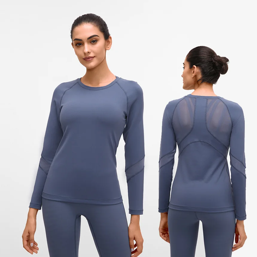 

2021 high quality t-shirt long sleeve spandex woman fitness clothes running t-shirt with mesh