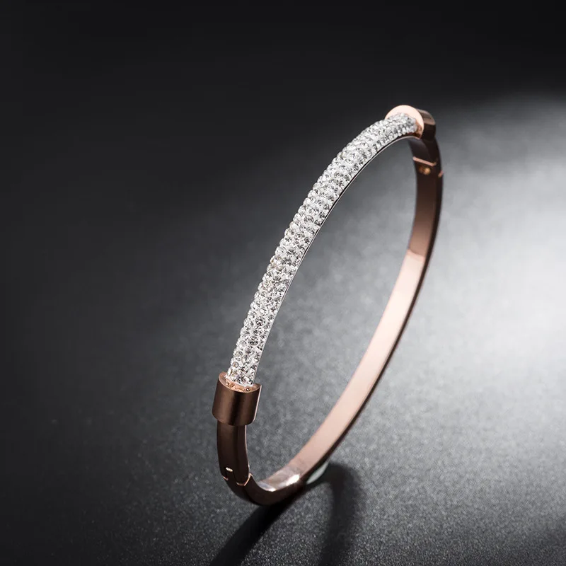 

Vintage Women Crystal Bracelets Jewelry Rose Gold Stainless Steel Charm Zircon Bangles Wholesale (SK790), As picture