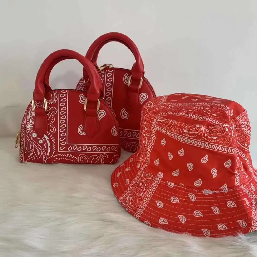 

Print Shell Bag and Bucket Hat Sets Cashew Flower Handbags Women Fashion Tote Bandana Purse Set 2021