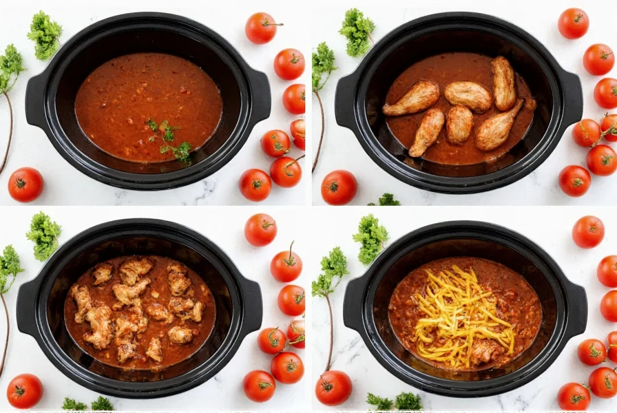 Step-by-step preparation of chicken chili crockpot with fresh ingredients arranged around slow cooker