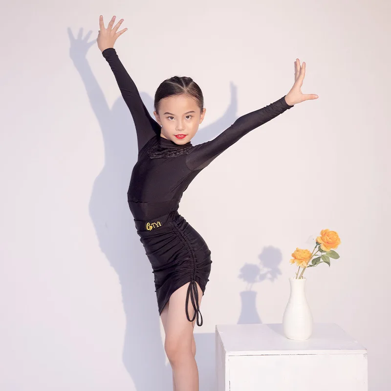 Black Long Sleeve Training Fancy Latin Dress Latin Dance Dress Girls New Style