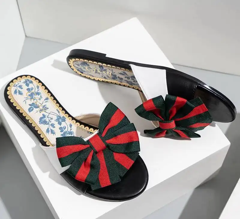 

2021 summer fashion women's slippers color bowknot design slip on sandals casual outdoor flat shoes, As picture
