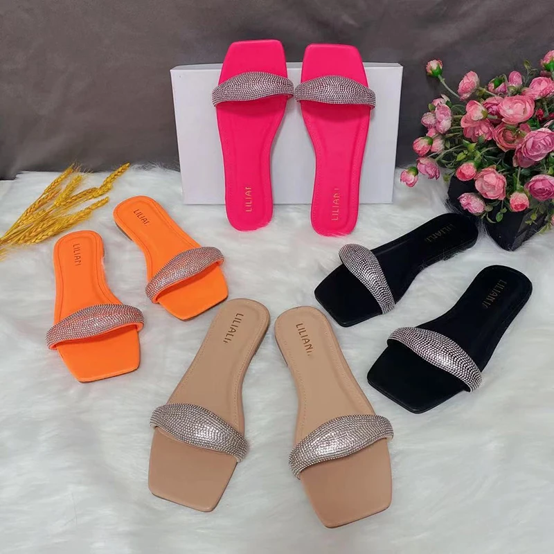 

LX86 Ladies Fashion Rhinestone Luxury Flat Slippers Women Square Toe Sandals 2022, As picture or custom