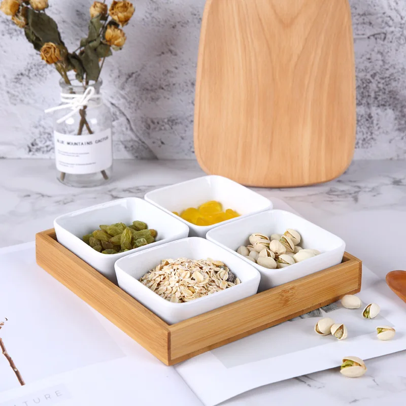 

Eco-friendly New Year Home Used Decorative Ceramic Dry Fruit Snack Tray Set With Bamboo wood Lid and Bamboo Tray