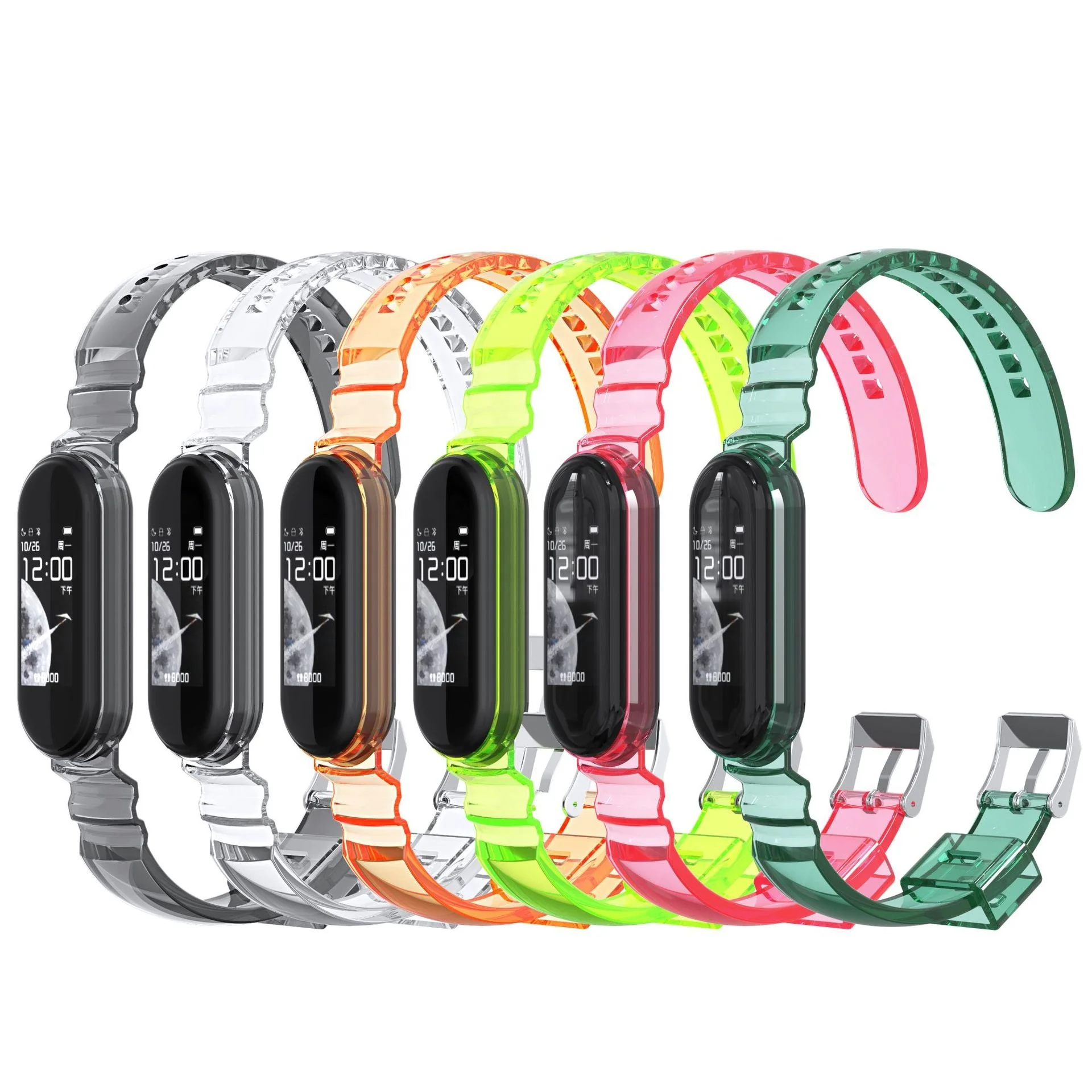 

BOORUI Waterproof Transparent Watch Band For Xiaomi Mi Band 3 4 5 Strap Replacement Silicone Wristband The Fluorescent Colors, Multi color