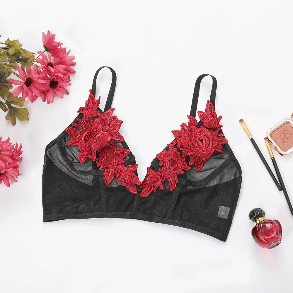 

B54411A Lady sexy lingerie fashion see-through flower embroidery bra tops, Black