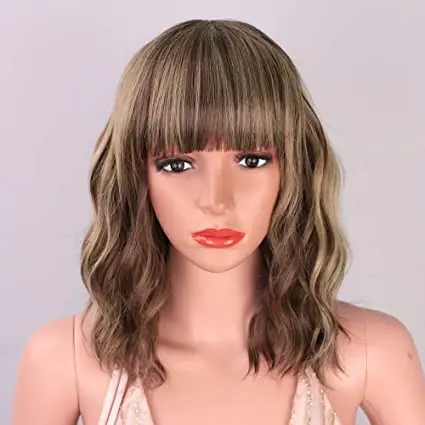 

Aisi Hair 16 Inch Wholesale Vendor Water Wave Short Bob Mixed Blonde Brown Wig With Bangs For Black Women Synthetic Hair Wigs
