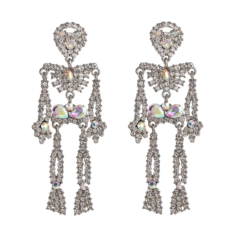 

Retro Fancy Gothic Style Halloween Statement Long Gold Plated Rhinestone Skeleton Skull Dangle Drop Earrings Wholesale