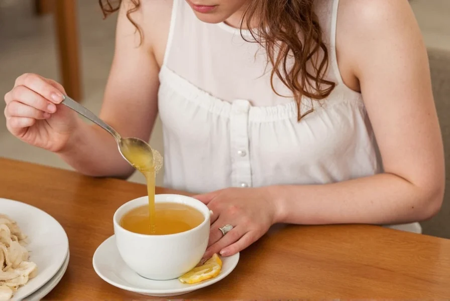 Various ginger products for morning sickness including fresh root, tea bags, capsules, and candies arranged on wooden surface