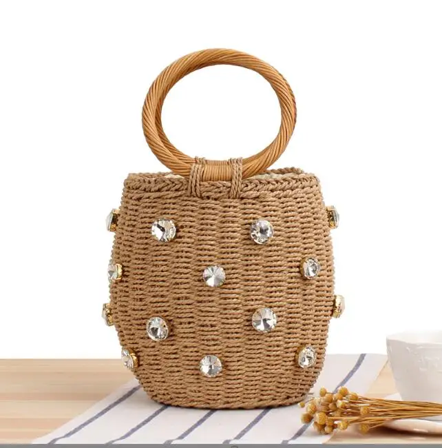 

Natural Craft Tote Small Rattan Seagrass Weave Belly Basket Handbag Woven Straw Beach round beaded Bag