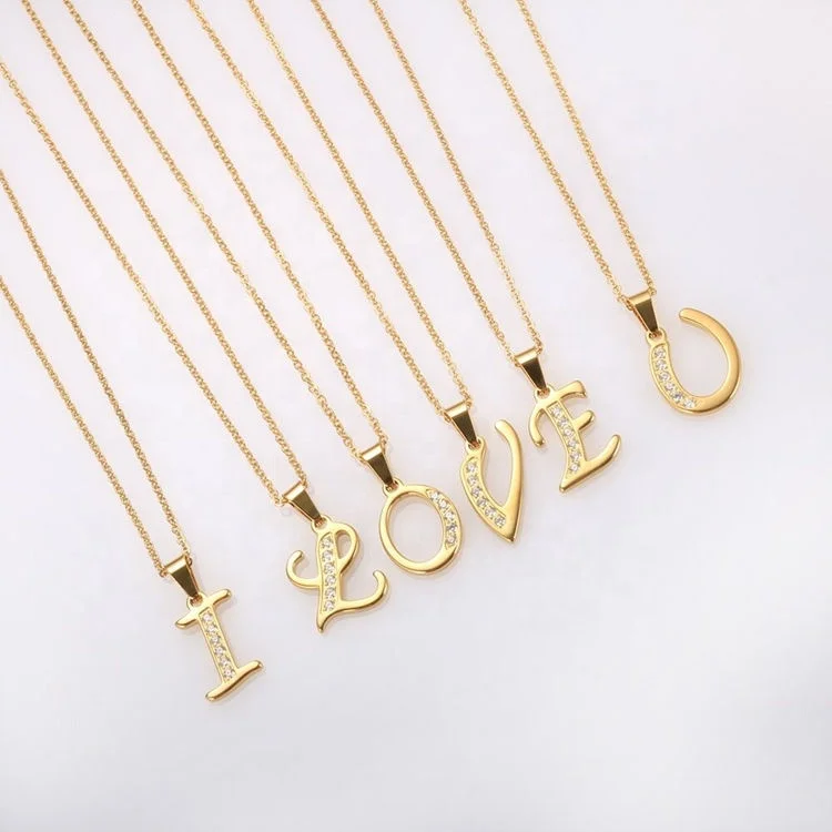 

Trendy Stainless Steel Gold Plated Jewelry A-Z 18K Gold Plated CNC CZ Crystal Diamond Initial Letter Necklace Women, Gold color