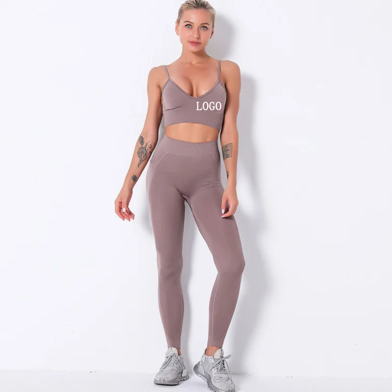 

Huanwei Nylon Quick Drying Yoga Beauty Set Professional Sports Running Seamless Fitness Bra Set High Waist Pants, As picture