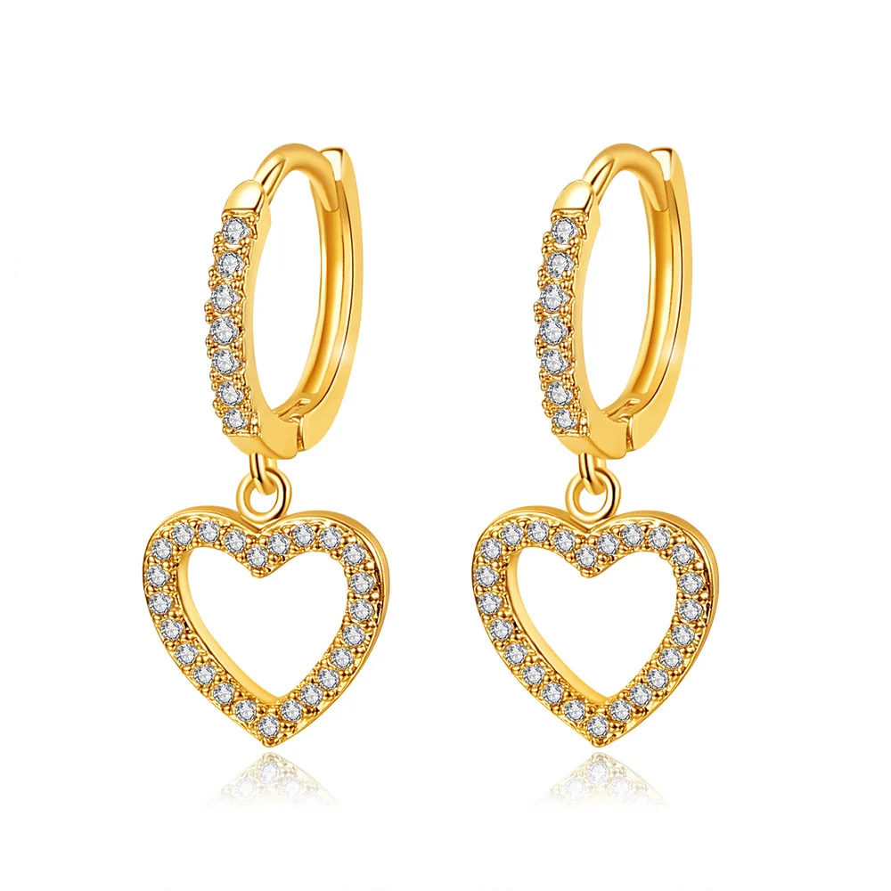 

Romantic High Quality 18k Gold Plated Full Rhinestone Heart Clip on Huggie Hoop Earrings Small Zircon Heart Dangle Earrings