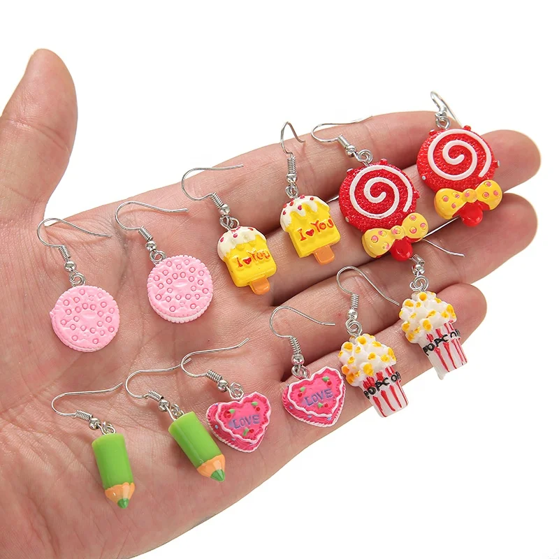 

Hot sell 3Dkawaii DIY Custom Designs Resin Dangle Earrings lollipop popcorn Mixed Resin Charms Earrings Cute Girls Jewelry Gifts, Picture show