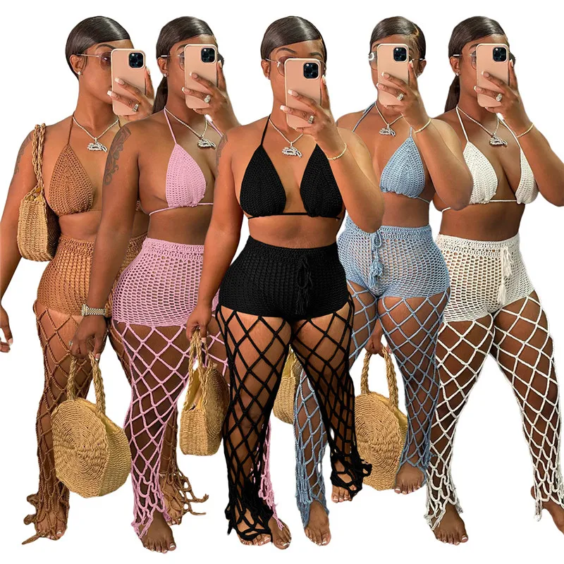 

Summer Handmade Swimwear & Beachwear See Through Beach Cover Up Bra Hollow Out Fishnet pants Mesh Two Piece Crochet Set Women