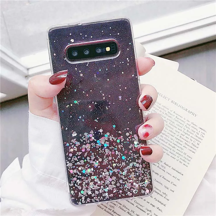 

High Quality Waterproof Hard Material Glue Glitter With Dustproof Plug Phone Back Case Cover For Samsung Galaxy S10