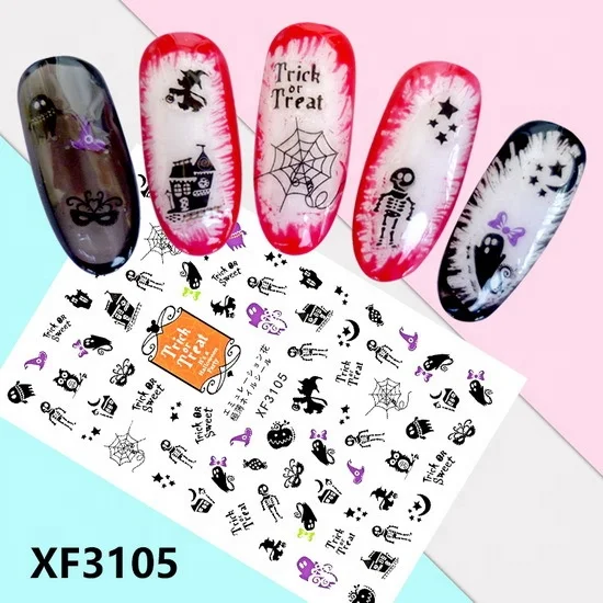 

Paso Sico 2021 New Halloween series 3D Dark Skull Nail Stickers Pumpkin Adhesive Wrap Decals