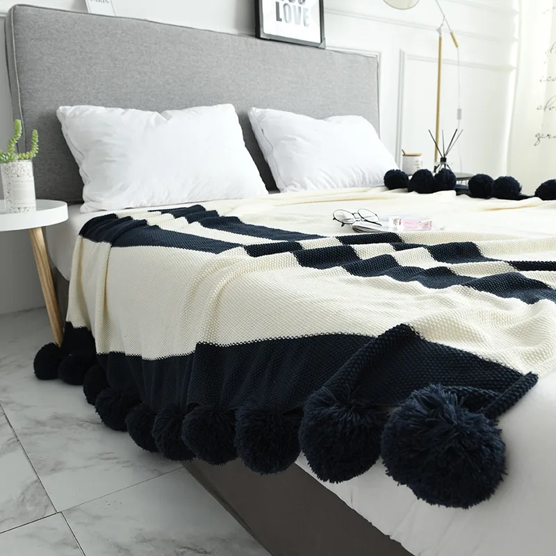 New Best W5727 Pom Pom Knit Throw Soft Cotton Fringe Cozy Decorative