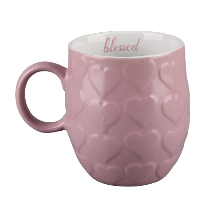 

Promotional High-Quality Embossed Heart Pattern Printing Color Glazed Ceramic Mug for Gifts, Pink