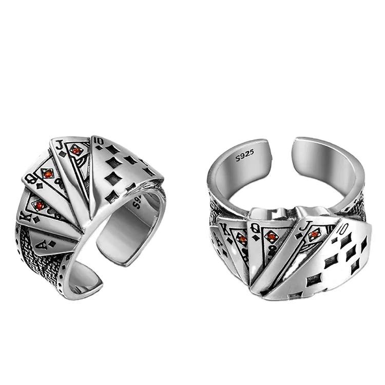 

Certified Straight Flush Playing Cards Sterling Silver Ring Opening Men's Women's Retro Domineering Personality Trendy