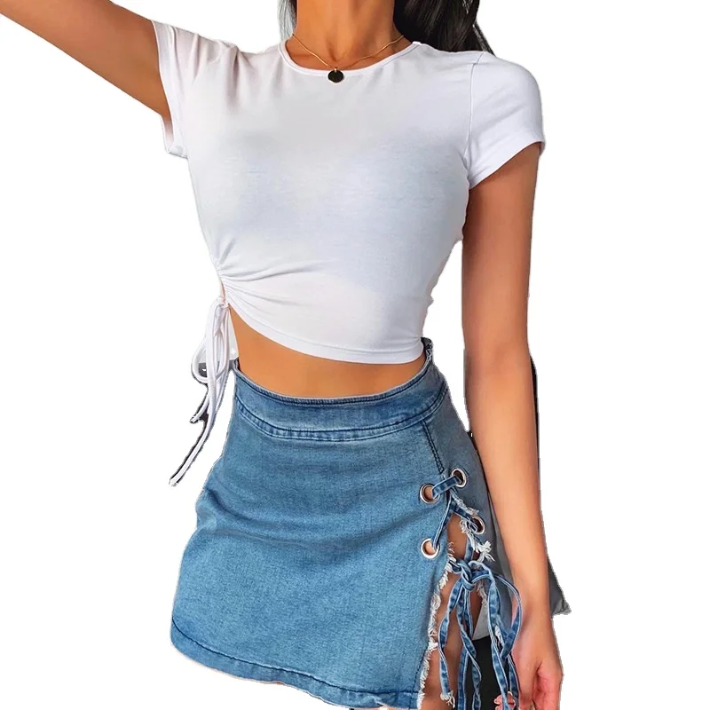 

short sleeve o-neck sexy white crop top t shirt