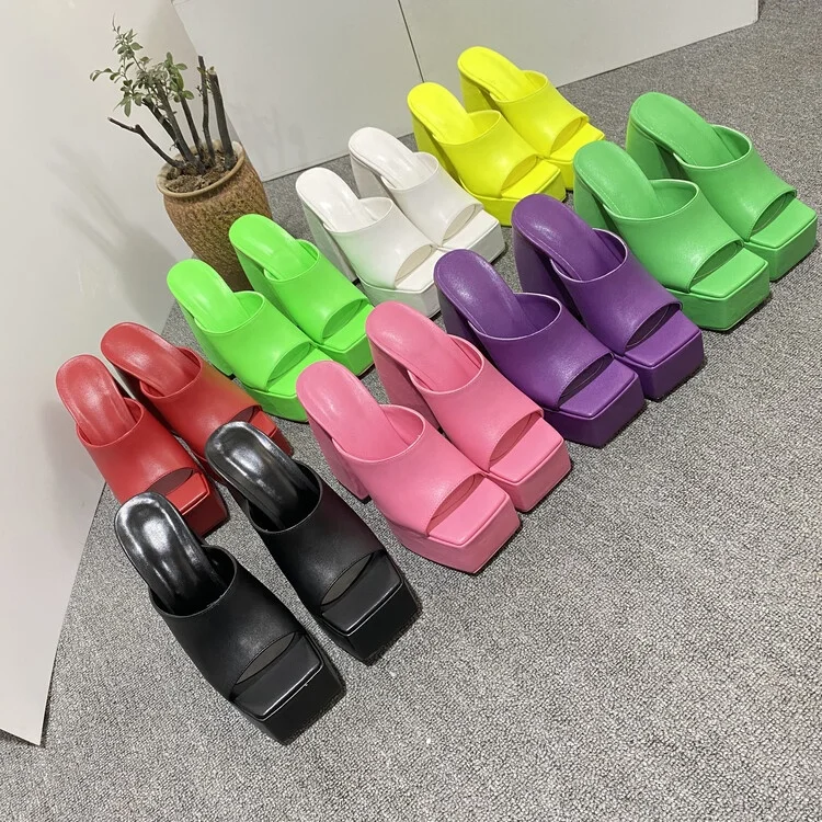 

Fashion Designer Chunky Platform Sandals for Ladies Candy Color Single Band Slip-on Anti-slip Mules Handmade Chunky High Heels