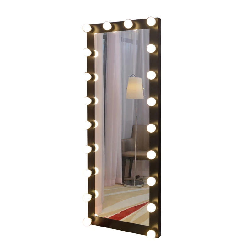 

European style metal black framed rectangular floor mirror with bulbs for dressing mirror