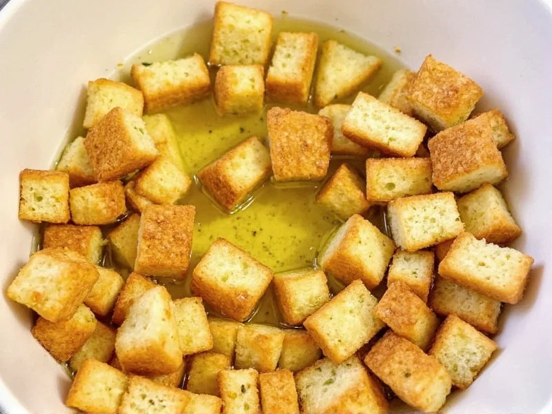 Homemade croutons in mixing bowl with olive oil and herbs