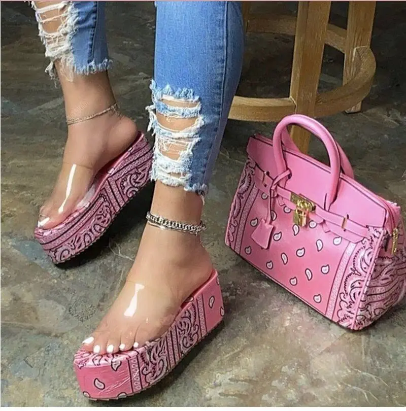 

2021 Women Summer Clear Platform Slides Bandana Wedge Shoes Bandana Heels Slip On Slide Sandals Shoes Women Bag Set, Pink,green,black