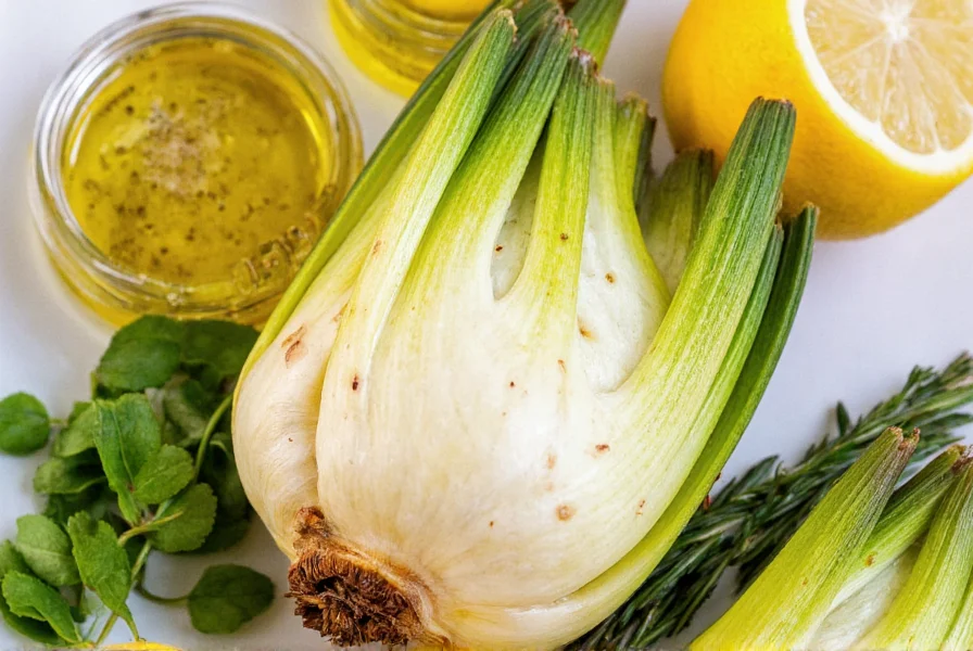 Colorful arrangement showing roasted fennel bulb alongside complementary ingredients like lemon, olive oil, and fresh herbs