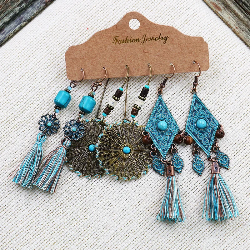

Bohemian style tassel earrings 3 set combination cross-border European and American fashion retro ethnic style earrings jewelry, Pictures